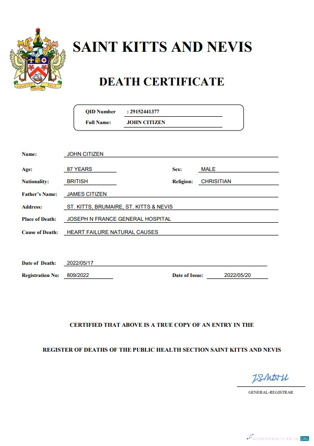 Download Saint Kitts and Nevis vital record death certificate Word and PDF template Photoshop template